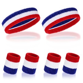 Haakong Striped Sweatbands Wristbands Set Sports Headband for Men Women 80s 90s Accessories Costumes (White Red and Blue- 2, One Size)