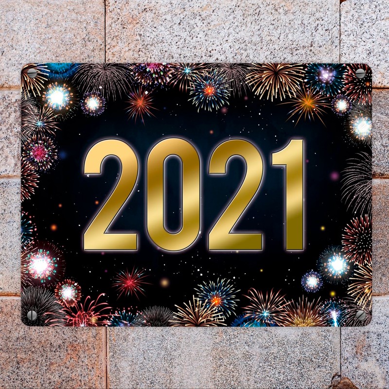 2021 New Year's Eve Metal Sign with Fireworks Motif Rocket