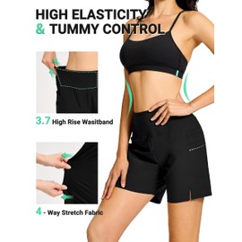 BVVU Women's 5" High Waisted Swim Board Shorts with Pockets Liner Tummy Control UPF50+ Quick Dry Beach Swimsuit Bottoms Black