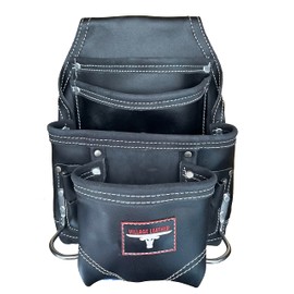 Heavy Duty Carpenters' Tool Pouch, Black, Natural Leather, 10 Pockets, 2 Hammer Holders, Reinforced Seams