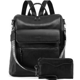 VASCHY Backpack Purse for Women, Large Vegan Leather Backpack Purse with Wallet Pouch Set Convertible Handbag for Ladies Guitar Strap Black