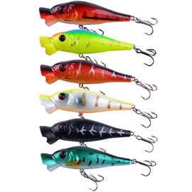 FANGBLUE Popper Fishing Lures Topwater Fishing Baits 3.3 inches Hard Baits 3D Eyes Swimbait Crankbait with Treble Hook for Bass Trout Freshwater Saltwater