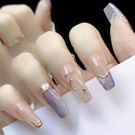 24 Pcs Press on Nails Medium Coffin,Blue False Nails with Gold Moon and Stars Designs,Coffin Medium Stick on Nails for Women and Girls Nails Art