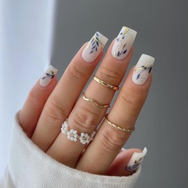 Gold Blue Leaves Medium Short Coffin Press on Nails with Splicing Design, Glossy White Jade Acrylic False Nails Gel Glue on Nails, Leaf Manicure Art Fake Nails Stick on Nails for Women Girls