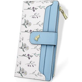[Farcauo] Cute RFID Long Wallet Green Billfold Card Holder ID Window Minimalist Flower Design Leather Coin Bag Kawaii Travel Cash Wallet, #Eb Blue Flower Women's Wallet