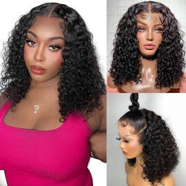 14 Inch Deep Wave Lace Front Wigs Human Hair Pre Plucked 210 Density Bob Wig Human Hair 13x6 Hd Frontal Lace Wigs Short Curly Human Hair Wig Glueless Bob Wigs for Women Human Hair Wigs Natural Black