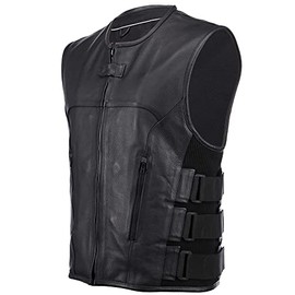 True Element Mens Swat Team Style Leather Motorcycle Vest with Side Size Adjustment (Black, Small)