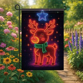 Saoplasa Christmas Garden Flag Neon Reindeer Flag 12x18 Inch Double Sided Outdoor Holiday Yard Banner Red Nose Star Glow Brick Wall Winter Lawn Porch Decor (Without Lights)