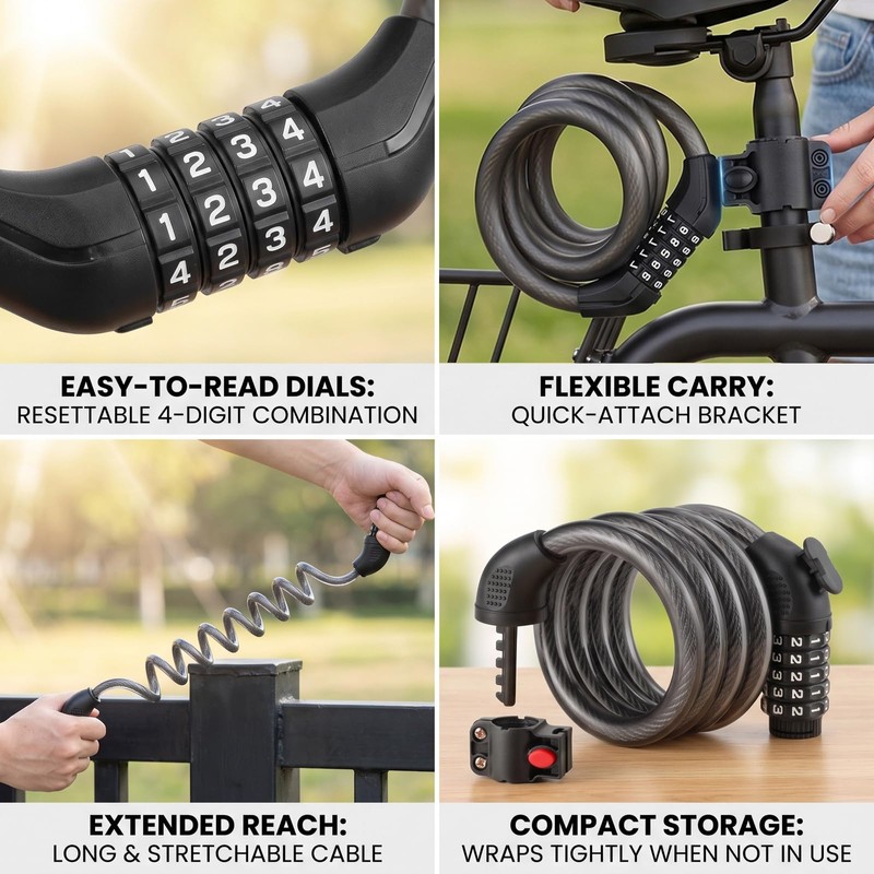 1Pcs Combination Bike Lock Cable, Heavy Duty Anti Theft Bike,