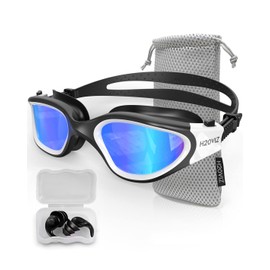 H20VIZ Swimming Goggles | Polarised, Anti-Fog, UV400 Protection, Anti-Leak, Includes Pro Swim Ear Plugs | Men Women Teens (Black/White - Blue)