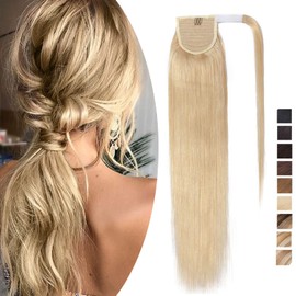 SEGO Ponytail Extension, Real Hair, Ponytail Braid, Hairpiece, Hair Extension, Heat Resistant, 40.64 cm (80 g) Light Blonde #613-1