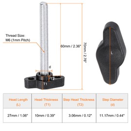 sourcing map 10pcs Tee Wing Knobs Thumb Screws M6 x 60mm Male Thread 27mm Plastic Head T Knobs Adjustable Handles Hand Clamping Knobs Grip Thumbscrew, Black