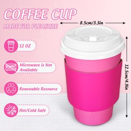 JarThenaAMCS 50 Set Hot Pink Disposable Coffee Cups with Lids and Sleeves 12oz Pink Insulated Paper Cups To Go Cups for Hot Cold Beverage Drinks
