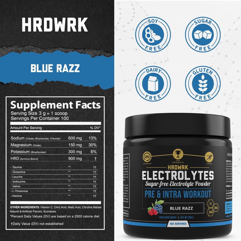 HRDWRK Electrolytes Powder with Magnesium, Potassium - Sugar Free Electrolytes