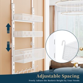 Consumest Over The Door Hooks Organizer - 4 Tier Door Coat Rack with 3 Baskets and 12 Hooks, Stainless Steel Towel Hanger for Bedroom, Bathroom, Living Room, White