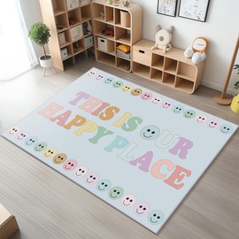 Drydiet 5 x 7.5 ft School Style Pastel Rainbow This is Our Happy Place Educational Area Rug for Student Large Multicolor Classroom Blanket Pastel Play Carpet for Teaching Playroom