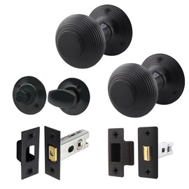 EAI Beehive Reeded Black Door Knob Set | 1 Pair of Matt Black Mortice Knobs (55mm), Latch & Deadbolt Kit (76mm) & Turn & Release for Internal Doors