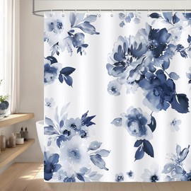 Bonhause Navy Blue Floral Shower Curtain, Watercolor Flower Modern Ink Plant Bathroom Curtain 72 x 72 Inch Polyester Fabric Waterproof Bath Curtain with 12 Hooks