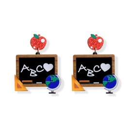 Tyebiva Resin Acrylic Apple Wooden Blackboard Dangle Earrings for Women, Lightweight Tellurion Triangular Rule Drop Earings Back to School Teachers Appreciation Accessories Jewelry Gift