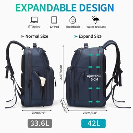 SUIKIHUM Expandable Business Backpack with 17" Laptop Compartment - Waterproof, Airline Approved, 33L-42L Capacity, for Work & Travel, Blue