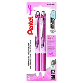 Pentel EnerGel Retractable Liquid Gel Roller, 0.7mm Medium Point Size, 2 Pack, Black Ink, Pink Ribbon, Pink Barrel - BL77PBP2A-BC