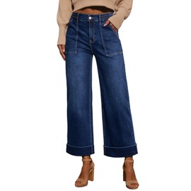 EVALESS Womens High Waist Wide Leg Jeans Trendy 2025 Cropped Denim Pants Solid Ankle-Length Cotton Stretchy Democracy Jeans with Pockets Dirty Blue 12