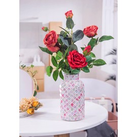 Classic Mosaic Flower Vase for Home Decor, 8”(H) Glass Handmade Table Centerpiece Container for Office, Living Room Kitchen, Wedding. (Pink Lady)