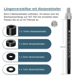 EMTB Thru Axle M12 x 1.75-167-192 mm, Thru Axle with Bicycle Axle Adapter, Thru Axle Compatible with Most Bicycle Trailer Couplings, Adjustable Shaft Length for Thru Axle