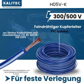 Kalitec 10 Metres H05V-K 0.5 mm² Dark Blue/White Wiring Cable, Flexible Wire Cable, PVC Single Wire, 0.5 mm², Wiring Fine-stranded Single Cable, Single Wire Cable