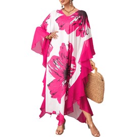Eddoyee Kaftan Dresses for Women Chiffon Print Caftan Swimwear Cover Ups Plus Size Long Beach Coverup Rose Red