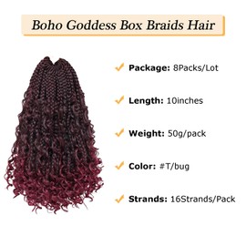 10Inch 8Packs Boho Box Braids Crochet Hair with Curly Ends 16strands/pack Pre Looped Bohemian Messy Goddess Box Braids Hair Extensions Synthetic Bob Goddess Boho Braids Women