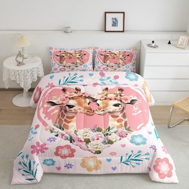 Wild Giraffes Couples Twin Size Comforter Set,Pink Love Heart Cute Blooming Flowers Graffiti Quilt Set Soft Bed Collection,Kawaii Animal Bedding Comforter for Kids Adults Home Decor,2 Pcs