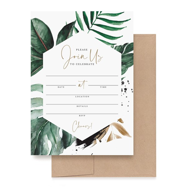 Bliss Collections Invitations with Envelopes, 25 Tropical Greenery Join Us Cards, Blank Fill-In Invites for Your Wedding, Bridal Shower, Baby Shower, Engagement, Bachelorette or Birthday Party