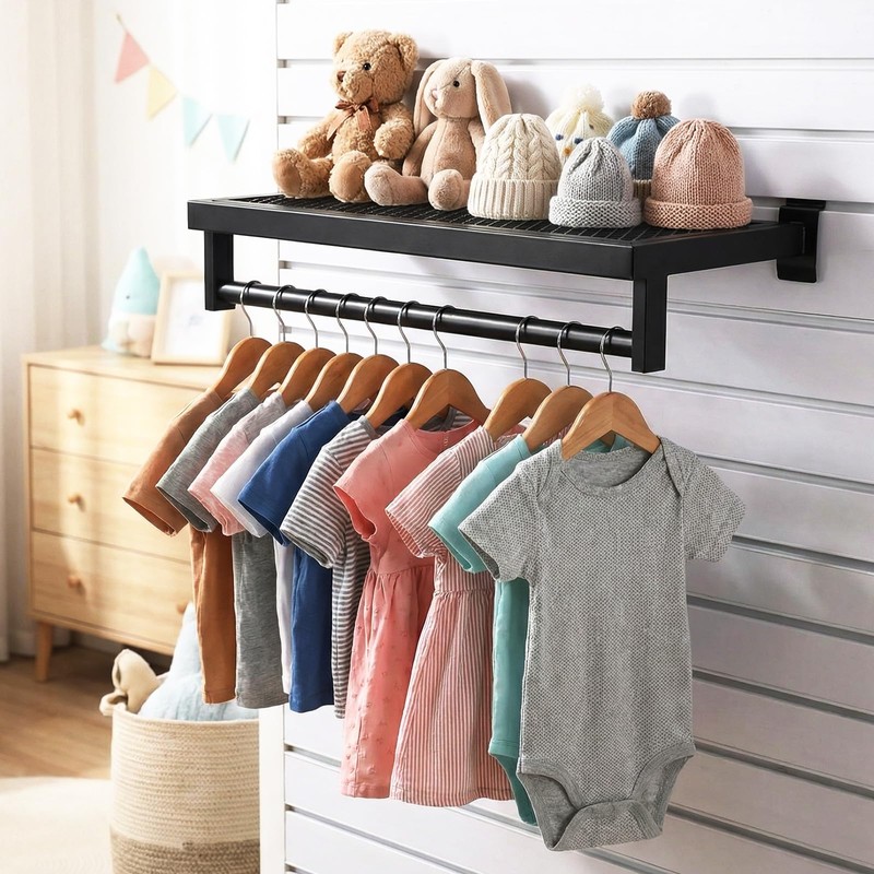 Fiwochic 2 Pcs Black Slatwall Shelf Clothes Rack with Grid