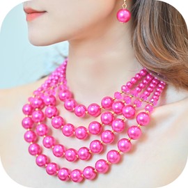 wolin Trendy Imitation Pearl Necklace for Women and Men - Dainty Baroque Bridal Pearl Jewelry Set (multilayered fuchsia red)
