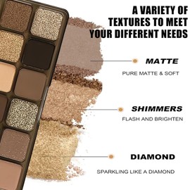 Matte Eyeshadow Palette, Nude & Dark Brown 12 Shades, Silver & Gold Shimmer, Neutral and Glitter Colours, Waterproof, Long-Lasting, Includes 2 Brushes