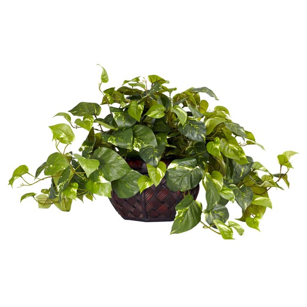 Nearly Natural 6681 15in. Pothos with Decorative Vase Silk Plant,Green,17.5" x 10.125" x 10.125"