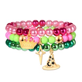 BSJELL 3 Pcs Friendship Elphaba Glinda Matching Bracelets Crown Witch Hat Bracelets Pink Green Beads BFF Couples Accessories Gifts for Fans Dress Decor