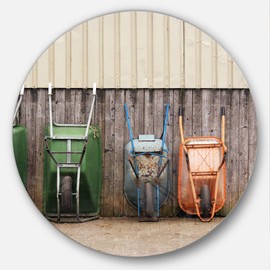Designart Row of Wheelbarrows-Landscape Photo Circle Wall Art-Disc of 23, 23'' H x 23'' W x 1'' D 1P, Gray