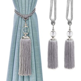 Curtain Tiebacks Rope Tassel TieBacks Curtain Holdbacks Silver for Drapes Decorative Drapery Crystal Holdback Tie Backs Handmade Curtain Holder 2 Pack