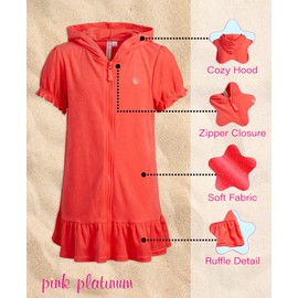 Pink Platinum - Albornoz de baño para niñas, con Capucha y Cierre Completa, Vestido de natación con Volantes para niñas, 2T-16, Coral, 5-6