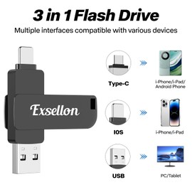 Exsellon 256GB USB Stick für Phone, pad, Android, PC, Tablet,Mac,3-in-1 Speicherstick Phone USB Stick zur Erweiterung des Speichers für Fotos und Videos