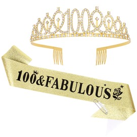 Gold 100th Birthday Sash and Tiara for Women, 100th Birthday Party Decorations, 100 and Fabulous Sash and Tiara Set, 100th Birthday Decorations for Women, Happy 100th Birthday Party Supplies