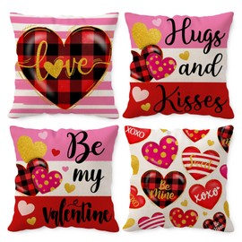 Unibyby Valentines Pillow Covers 18x18 Set of 4 Valentines Day Throw Pillow Covers Hugs and Kisses Home Decor Red Love Heart Pillowcase Square Cushion Covers for Sofa Bed Couch