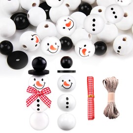 Enjiror Christmas Crafts Snowman Wooden Beads DIY 8 Sets Round Printed Beads Decorative Loose Beads Jewelry with Twine for Winter Wonderland Christmas Tree Craft Holiday Home Party Decorations