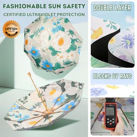 Double Layer Canopy Compact Umbrella 8-Rib Windproof ? Small Folding Travel Umbrella with Wooden Handle, UPF50+ UV Sun Rain Protection ? Lightweight, Portable, for Women Kids Outdoor Beach Golf