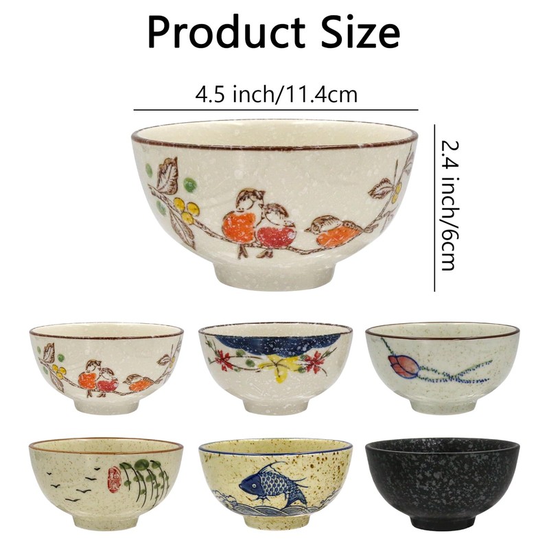 yaenoei 6 Pack Retro Ceramic Bowls, Hand-painted 4.5 Inch Japanese