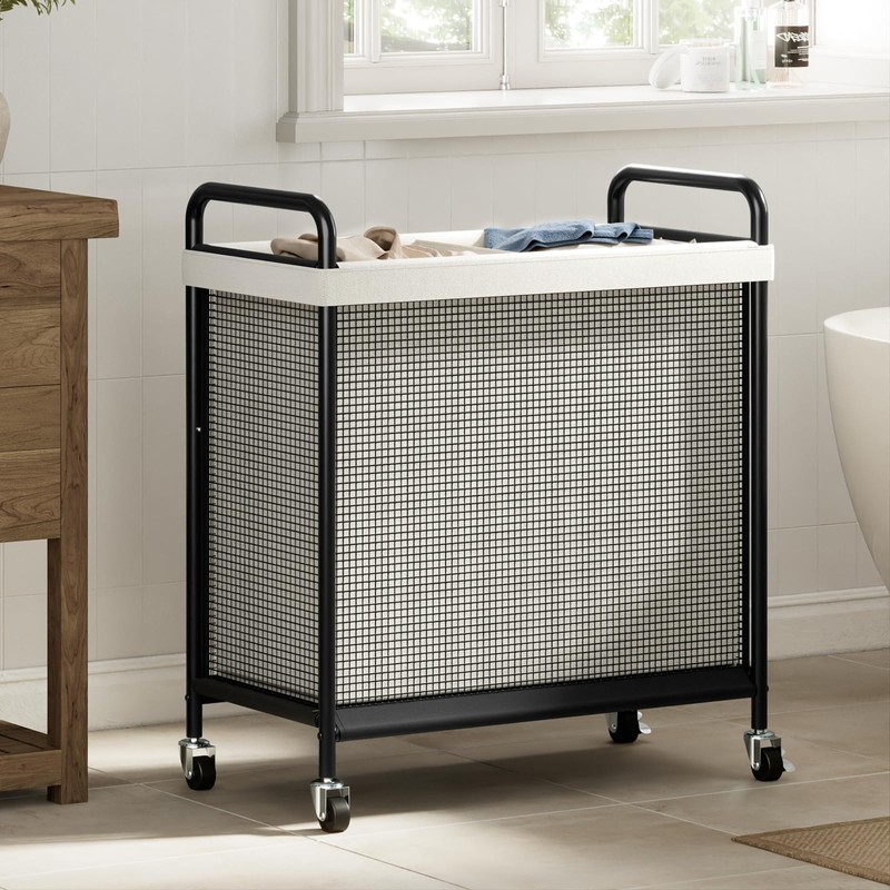 WOWLIVE Rolling Laundry Hamper 2 Section, 100L Laundry Basket with