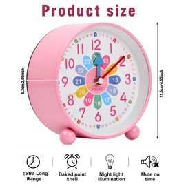 Kioiner Children's Alarm Clock, Silent Non Ticking Analog Quartz Alarm Clock with Snooze and Light, Small Bedside Alarm Clock, Learn The Time Alarm Clock, Wake Up Clock for Boys Girls (Pink)