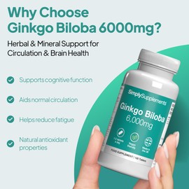 Ginkgo Biloba 6,000mg | with Added Iron | Supports Cognitive Function & Circulation | Vegan & Vegetarian Friendly | 360 Tablets = 6 Months’ Supply | Manufactured in The UK